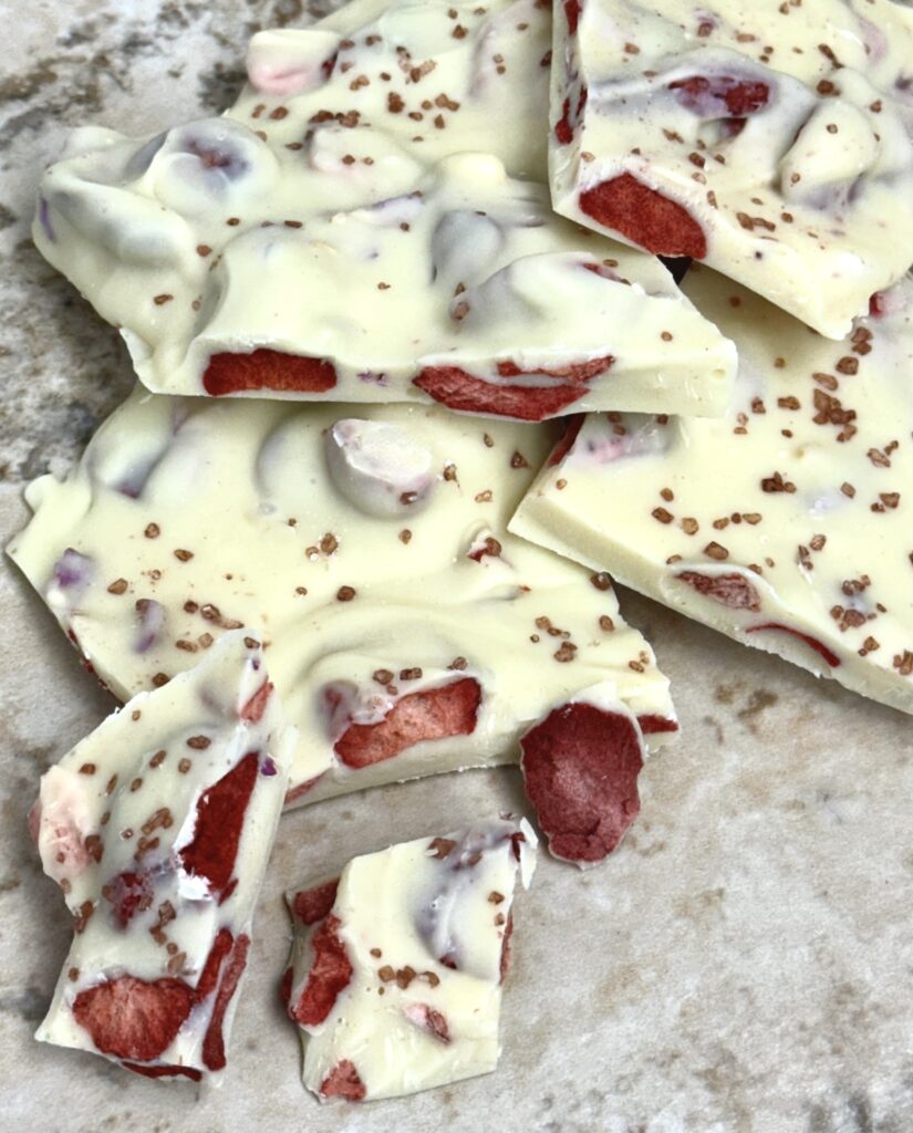 Summer white chocolate bark with strawberries